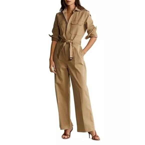 Polo Ralph Lauren Utility Collared Jumpsuit size 6 Tan Cotton Twill Longsleeve - Picture 1 of 15